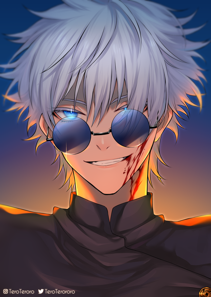 Anime picture 1488x2098 with jujutsu kaisen mappa gojou satoru tero (terotero3187) single tall image looking at viewer fringe short hair blue eyes simple background smile hair between eyes silver hair upper body grin gradient background portrait blood on face boy