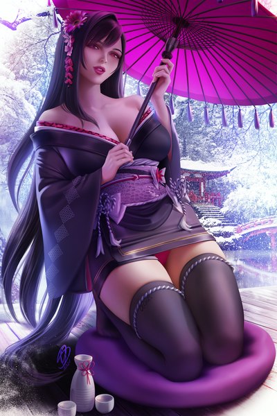 Anime picture 3000x4500 with final fantasy final fantasy vii final fantasy vii remake square enix tifa lockhart olchas single long hair tall image looking at viewer blush fringe highres breasts light erotic black hair large breasts purple eyes holding signed