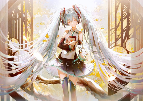 Anime picture 1400x990 with vocaloid hatsune miku hatsune miku (vocaloid4) (chinese) bai qi-qsr single fringe hair between eyes standing twintails silver hair eyes closed very long hair head tilt pleated skirt girl thighhighs skirt black thighhighs detached sleeves miniskirt