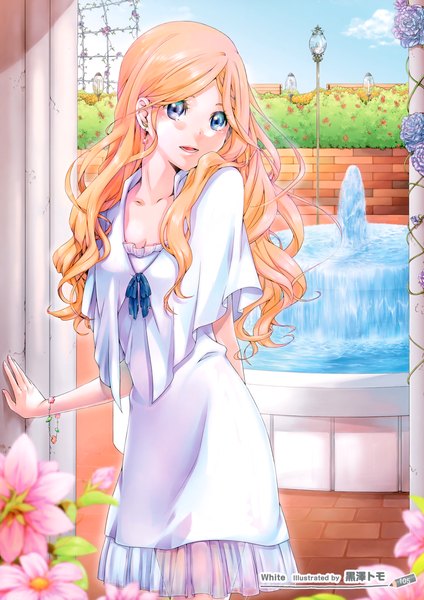Anime picture 2472x3500 with original kurosawa tomo single long hair tall image highres open mouth blue eyes blonde hair girl dress flower (flowers) plant (plants) earrings jewelry fountain