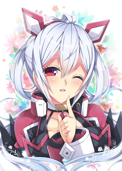 Anime picture 1100x1539 with phantasy star phantasy star online 2 sega matoi (pso2) milkpanda single long hair tall image looking at viewer blush open mouth red eyes white hair one eye closed wink girl