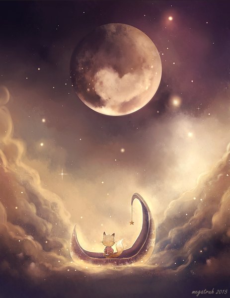 Anime picture 680x881 with original megatruh tall image standing signed sky cloud (clouds) from behind dated animal star (symbol) star (stars) backpack planet watercraft fox boat