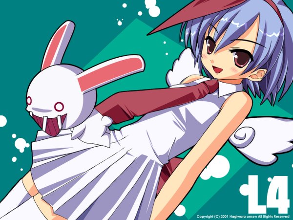 Anime picture 1280x960 with disgaea pleinair usagi-san looking at viewer fringe short hair open mouth hair between eyes brown eyes blue hair pointy ears zettai ryouiki sleeveless hands behind back angel wings girl thighhighs dress animal white thighhighs