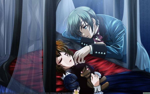 Anime picture 1920x1200 with kuroshitsuji original a-1 pictures tagme (character) ciel phantomhive madam red kitaan highres blue eyes wide image blue hair eyes closed wallpaper couple sleeping crossover bed toy eyepatch