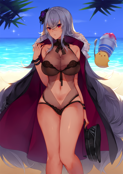 Anime picture 848x1200 with azur lane manjuu (azur lane) graf zeppelin (azur lane) graf zeppelin (beachside urd) (azur lane) user jgpt8385 single tall image looking at viewer blush fringe breasts light erotic hair between eyes red eyes large breasts standing bare shoulders holding payot outdoors