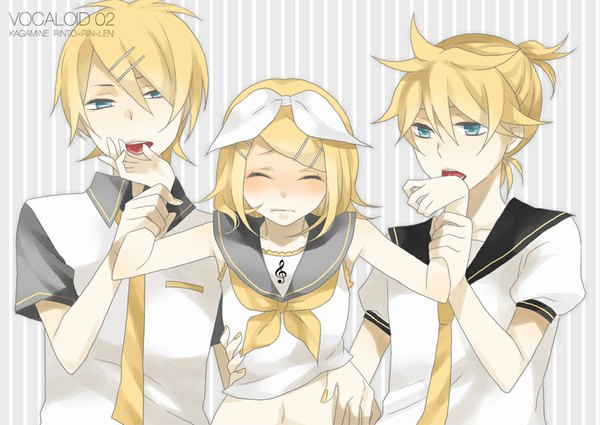 Anime picture 1024x726 with vocaloid kagamine rin kagamine len kagamine rinto kiri (lwp01 lav) blush short hair open mouth blue eyes blonde hair twintails bare shoulders eyes closed nail polish midriff hug licking genderswap striped background girl