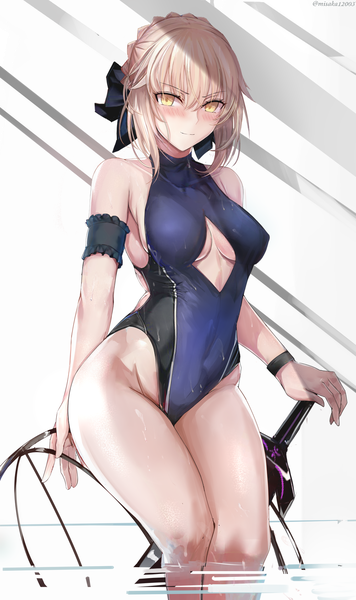 Anime picture 1000x1683 with fate (series) fate/grand order artoria pendragon (all) saber alter misaka 12003-gou single tall image looking at viewer blush fringe short hair breasts light erotic simple background blonde hair hair between eyes white background sitting bare shoulders holding