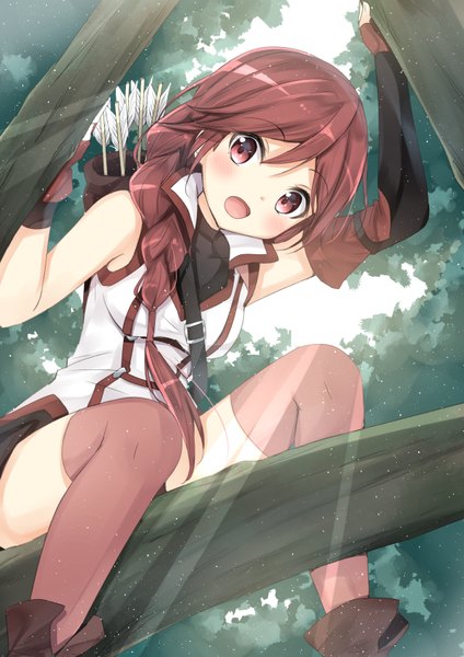 Anime-Bild 601x850 mit hai to gensou no grimgar a-1 pictures yume (grimgar) mirai (macharge) long hair tall image blush open mouth red eyes red hair braid (braids) girl thighhighs gloves plant (plants) tree (trees) fingerless gloves