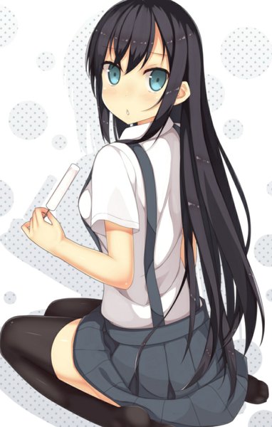 Anime picture 700x1100 with original samegami single long hair tall image looking at viewer blue eyes black hair girl thighhighs skirt uniform black thighhighs school uniform shirt food sweets ice cream