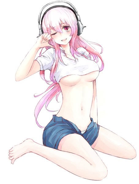 Anime picture 1250x1650 with nitroplus super sonico minato (shouno) single long hair tall image light erotic white background pink hair one eye closed pink eyes wink midriff underboob girl shorts headphones