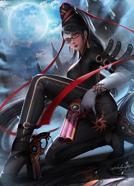 Anime picture 1141x1586 with bayonetta bayonetta (character) turewindwalker single tall image looking at viewer blush light erotic black hair holding brown eyes signed cloud (clouds) bent knee (knees) outdoors very long hair parted lips realistic night mole