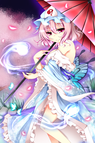 Anime picture 1000x1500 with touhou saigyouji yuyuko sisterakuma single tall image short hair purple eyes bare shoulders pink hair ghost girl dress petals insect butterfly umbrella bonnet