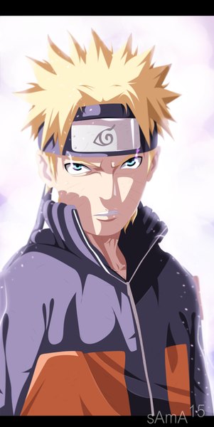 Anime picture 1200x2387 with naruto studio pierrot naruto (series) uzumaki naruto sama15 single tall image short hair blue eyes blonde hair coloring glowing light glowing eye (eyes) jinchuriki boy vest bandana