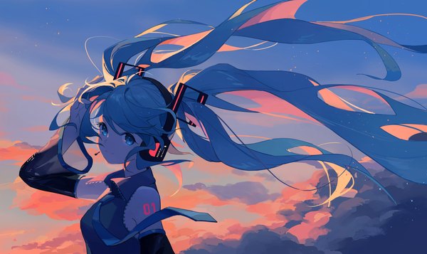 Anime picture 3508x2090 with vocaloid hatsune miku dododo single looking at viewer highres wide image twintails absurdres sky cloud (clouds) upper body very long hair aqua eyes wind aqua hair evening sunset girl detached sleeves