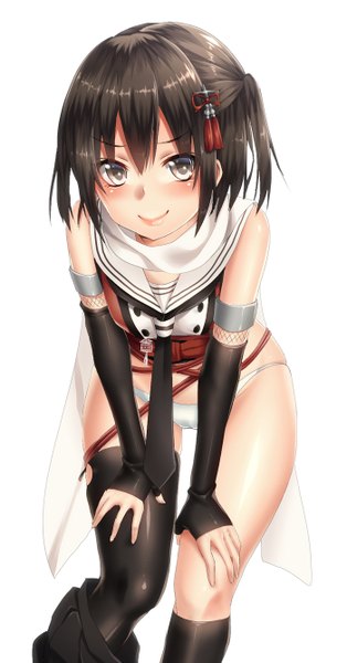 Anime picture 700x1335 with kantai collection sendai light cruiser keita (tundereyuina) single tall image looking at viewer blush short hair light erotic black hair simple background smile white background yellow eyes two side up girl thighhighs underwear panties black thighhighs