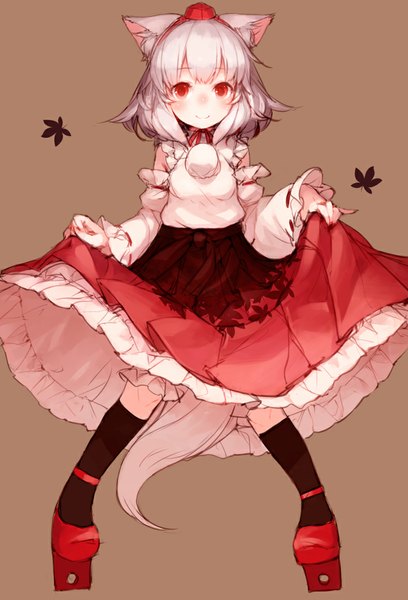 Anime picture 748x1100 with touhou inubashiri momiji junwool single tall image looking at viewer short hair simple background smile red eyes animal ears silver hair tail traditional clothes japanese clothes animal tail wolf ears brown background wolf tail girl