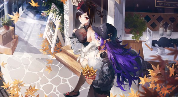 Anime picture 6610x3600 with genshin impact chiori (genshin impact) chevreuse (genshin impact) swkl:d long hair fringe highres short hair black hair hair between eyes red eyes wide image purple eyes bare shoulders multiple girls holding signed looking away absurdres purple hair