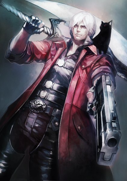 Anime picture 845x1200 with devil may cry dante (devil may cry) banpai akira single tall image looking at viewer short hair holding white hair silver eyes boy gloves weapon animal sword black gloves belt fingerless gloves gun cat