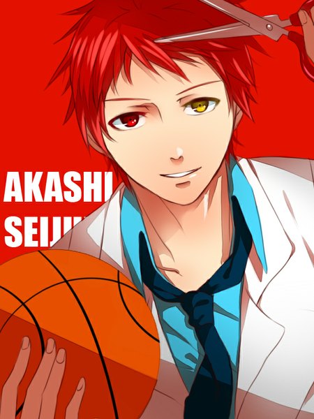 Anime picture 600x800 with kuroko no basket production i.g akashi seijuurou single tall image looking at viewer short hair simple background smile red hair fingernails lips character names eyebrows open collar red background boy uniform school uniform necktie