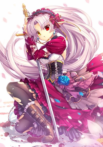 Anime picture 800x1132 with original capura lin single long hair tall image looking at viewer white hair heterochromia girl dress flower (flowers) weapon petals sword boots rose (roses) blood blue rose