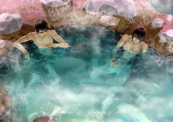 Anime picture 2000x1414 with daomu (grave robbery note) kylin zhang xiao san ye yoku (liuyc) highres short hair open mouth light erotic black hair signed tattoo topless muscle boy water onsen stone (stones)