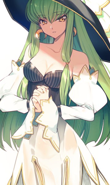 Anime picture 572x956 with code geass sunrise (studio) c.c. creayus single long hair tall image looking at viewer fringe breasts simple background hair between eyes standing white background bare shoulders yellow eyes payot cleavage long sleeves green hair