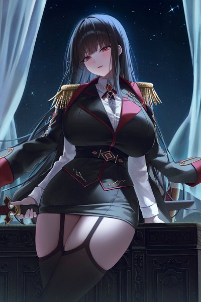 Anime-Bild 2000x3000 mit original ame 816 single long hair tall image looking at viewer blush fringe highres breasts open mouth light erotic black hair red eyes large breasts standing long sleeves head tilt night night sky