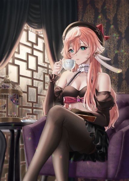 Anime picture 1426x2000 with genshin impact yanfei (genshin impact) hui000ph single long hair tall image looking at viewer blush fringe breasts light erotic hair between eyes large breasts sitting bare shoulders holding pink hair cleavage indoors nail polish