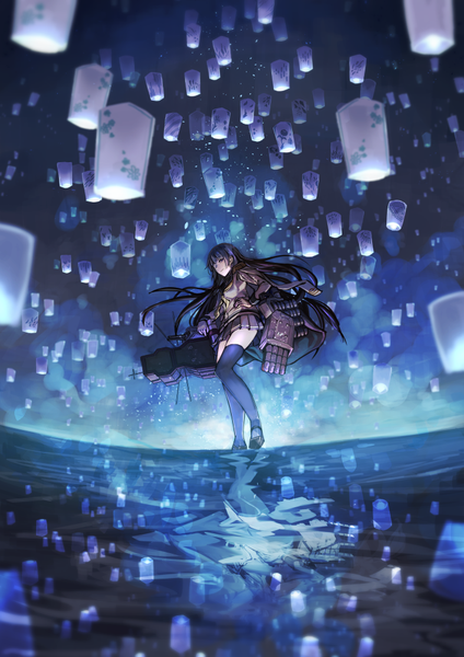 Anime picture 707x1000 with kantai collection isokaze destroyer fujita (condor) single long hair tall image looking at viewer fringe smile purple hair bent knee (knees) pleated skirt black eyes night from below night sky reflection girl thighhighs skirt