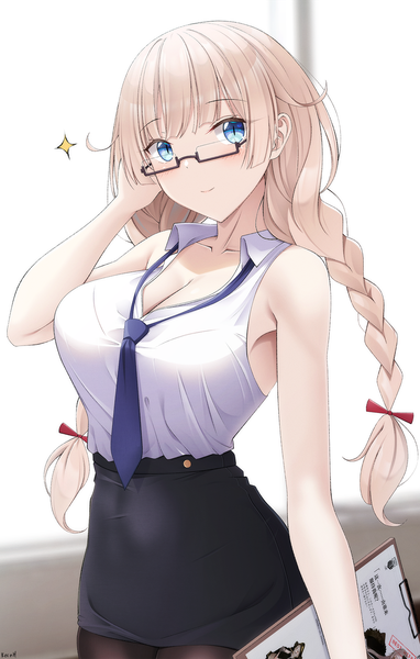 Anime picture 1050x1650 with girls frontline 2b14 (girls frontline) keenh single long hair tall image looking at viewer breasts blue eyes blonde hair large breasts signed payot cleavage ahoge braid (braids) light smile sleeveless twin braids slit pupils