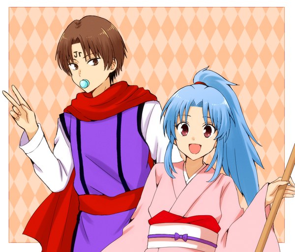 Anime picture 1080x924 with yu yu hakusho botan (yuu yuu hakusho) koenma k0roni long hair looking at viewer short hair red eyes brown hair brown eyes payot blue hair ponytail traditional clothes japanese clothes border victory forehead mark rhombus girl