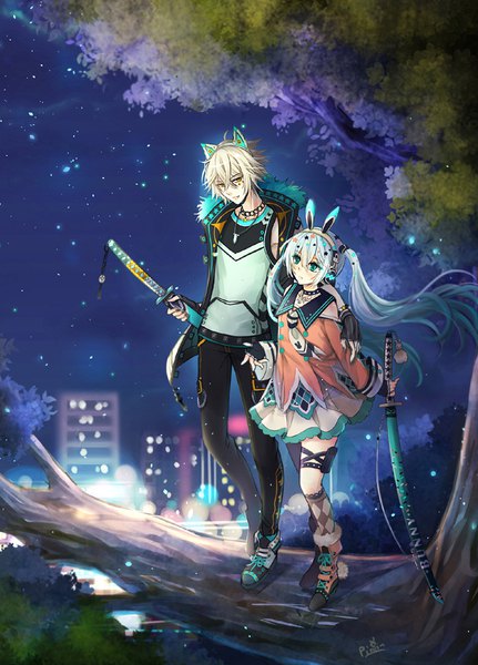 Anime picture 680x947 with original penguin-pinpin long hair tall image fringe short hair blonde hair hair between eyes standing twintails holding signed animal ears yellow eyes full body head tilt aqua eyes aqua hair night open jacket