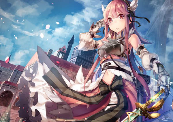 Anime picture 1700x1202 with original saraki single long hair blush red eyes bare shoulders signed looking away pink hair sky wind bare belly arm behind head girl navel bow weapon petals sword