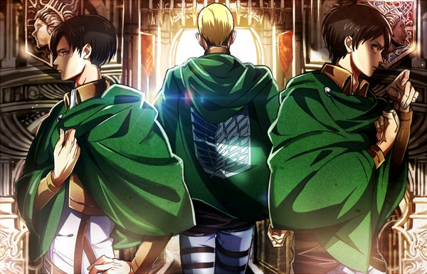 Anime picture 1620x1040 with shingeki no kyojin production i.g eren yaeger levi (rivaille) erwin smith yuna (rutera) short hair blonde hair brown hair brown eyes looking away multicolored hair two-tone hair multiple boys orange eyes hand on hip back light boy uniform