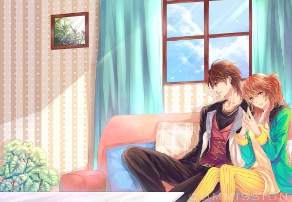 Anime picture 1200x833 with original sukiblog long hair looking at viewer short hair smile brown hair sitting brown eyes couple girl dress boy window couch suit