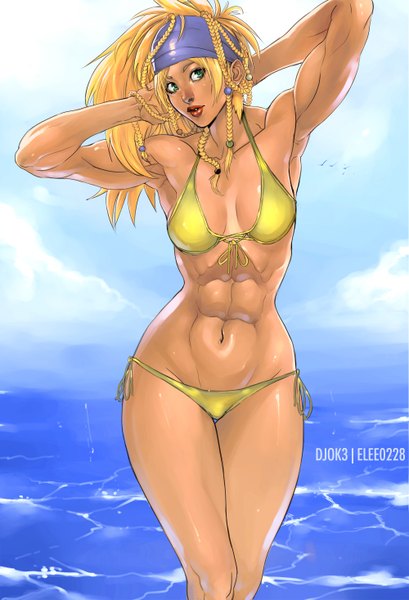 Anime picture 2000x2935 with final fantasy final fantasy x square enix rikku elee0228 single tall image looking at viewer highres breasts light erotic blonde hair green eyes sky cloud (clouds) braid (braids) lips arms up armpit (armpits) lipstick