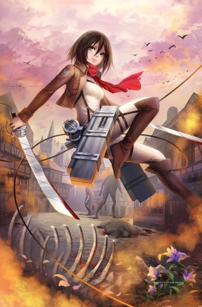 Anime picture 800x1217 with shingeki no kyojin production i.g mikasa ackerman titan (shingeki no kyojin) kyurin (sunnydelight) single tall image blush short hair black hair smile holding looking away sky cloud (clouds) black eyes open clothes open jacket smoke dual wielding