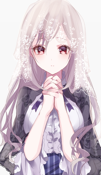 Anime picture 583x1000 with idolmaster idolmaster cinderella girls idolmaster cinderella girls starlight stage kanzaki ranko sinsihukunokonaka single long hair tall image looking at viewer blush fringe simple background red eyes standing silver hair hair over one eye grey background floral print alternate hairstyle hands clasped