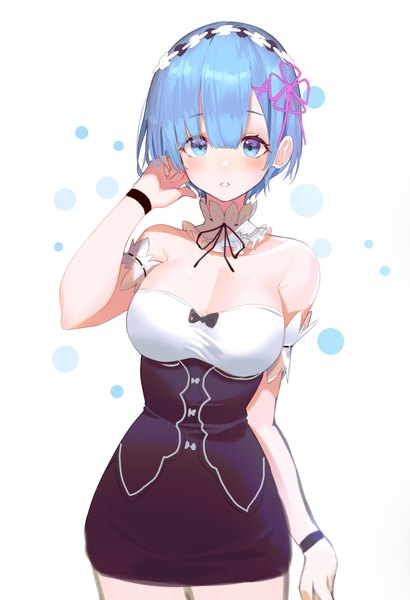 Anime picture 2798x4096 with re:zero kara hajimeru isekai seikatsu white fox rem (re:zero) peulopi single tall image looking at viewer blush fringe highres short hair breasts blue eyes light erotic simple background hair between eyes large breasts standing white background bare shoulders