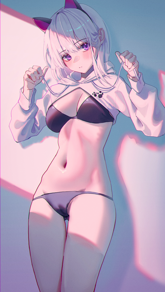 Anime picture 2837x5000 with original domi (hyaku8795) single long hair tall image looking at viewer blush fringe highres breasts light erotic standing holding animal ears white hair blunt bangs long sleeves head tilt pink eyes arms up