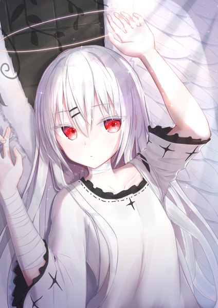 Anime picture 2894x4093 with original tokano 56 single long hair tall image looking at viewer fringe highres hair between eyes red eyes white hair wide sleeves arms up light angel wings white wings angel girl wings bobby pin
