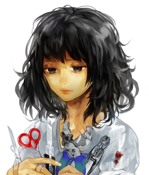Anime picture 1350x1580 with original tcb (pixiv) single tall image short hair black hair simple background white background black eyes looking down crying sad messy hair girl blood teardrop scissors boxcutter stationery