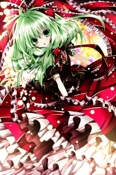 Anime picture 700x1050 with touhou kagiyama hina nanase nao single long hair tall image looking at viewer open mouth green eyes green hair girl dress bow hair bow frills