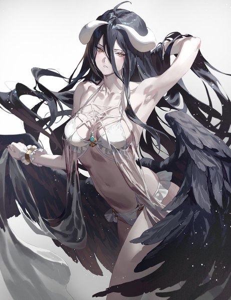 Anime picture 2434x3168 with overlord (maruyama) madhouse albedo (overlord) fajyobore single long hair tall image fringe highres breasts light erotic black hair simple background hair between eyes large breasts standing white background yellow eyes looking away ahoge