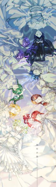 Anime picture 800x2628 with houseki no kuni diamond (houseki no kuni) bort yellow diamond (houseki no kuni) rutile (houseki no kuni) amethyst (houseki no kuni) jade (houseki no kuni) euclase (houseki no kuni) red beryl (houseki no kuni) tin nijigen long hair tall image short hair black hair blonde hair twintails payot purple hair ponytail red hair