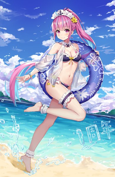 Anime picture 3000x4616 with virtual youtuber hololive minato aqua hokori sakuni single long hair tall image looking at viewer blush fringe highres breasts light erotic smile standing bare shoulders holding payot blue hair pink hair