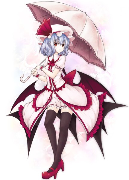 Anime picture 2645x3679 with touhou remilia scarlet utakata (kochou no yume) single tall image highres short hair simple background red eyes white background blue hair bat wings girl thighhighs dress black thighhighs wings frills umbrella bonnet