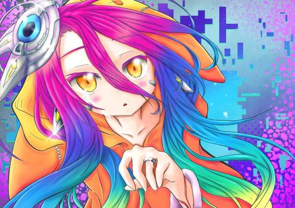 Anime picture 7016x4961 with no game no life madhouse shuvi (no game no life) rainbow d fox single long hair looking at viewer blush fringe highres open mouth hair between eyes yellow eyes pink hair absurdres upper body multicolored hair sparkle gradient hair girl