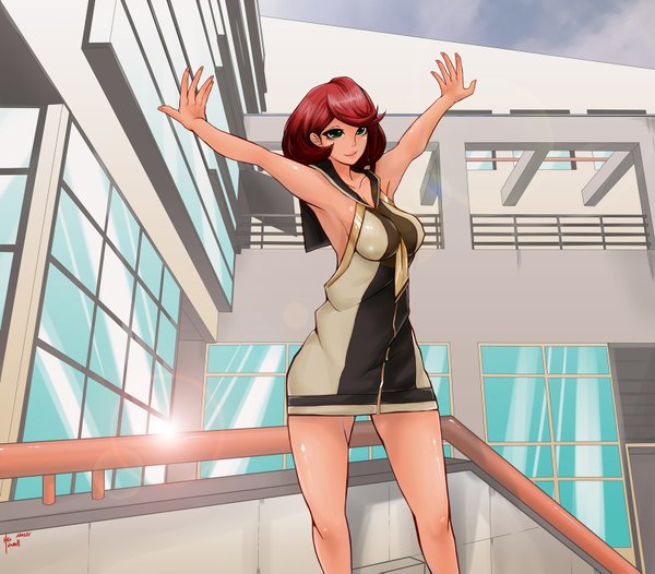 Anime picture 1600x1403 with original caooll (co-ohol) single short hair breasts light erotic smile green eyes looking away red hair armpit (armpits) girl dress