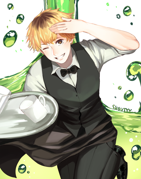 Anime picture 907x1150 with tokyo ghoul studio pierrot hideyoshi nagachika shouty-y single tall image short hair blonde hair smile signed bent knee (knees) one eye closed multicolored hair from above wink two-tone hair twisty sleeves salute waiter boy